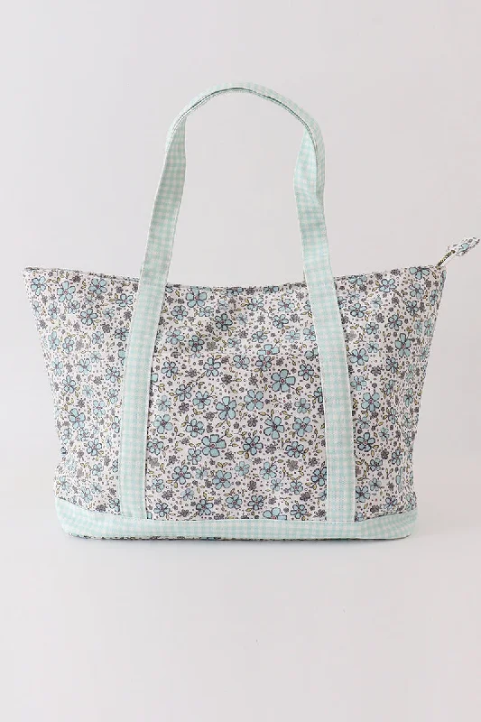 Green floral plaid tote bag