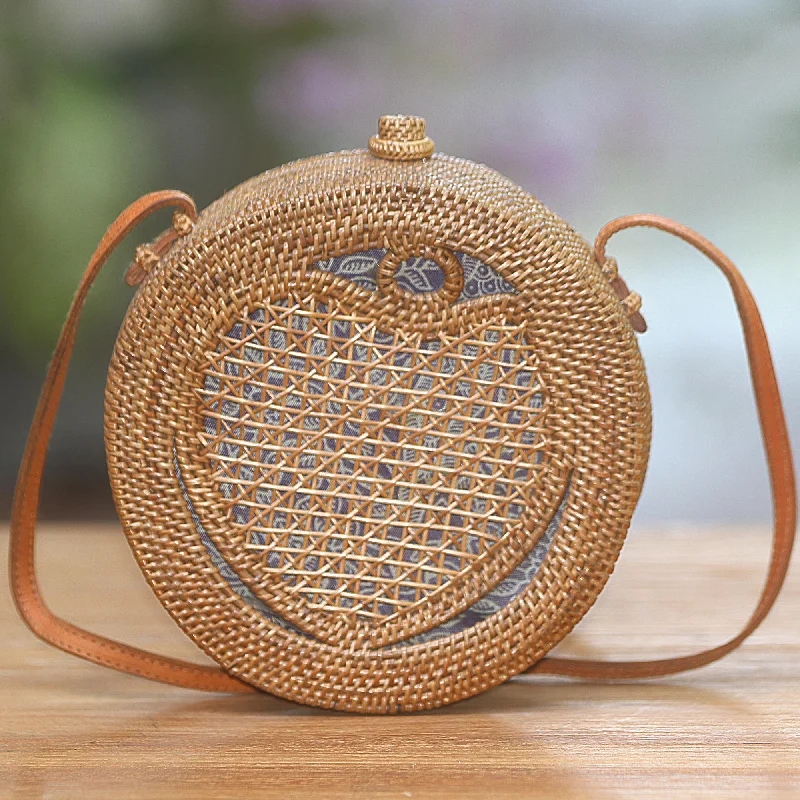 Heart's Delight in Brown Round Woven Bamboo Shoulder Bag with Heart Motif