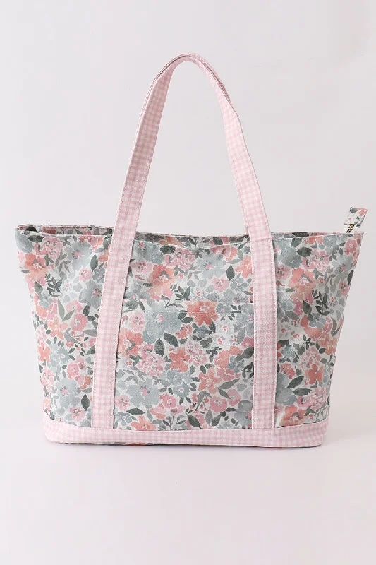 Pink floral plaid tote bag