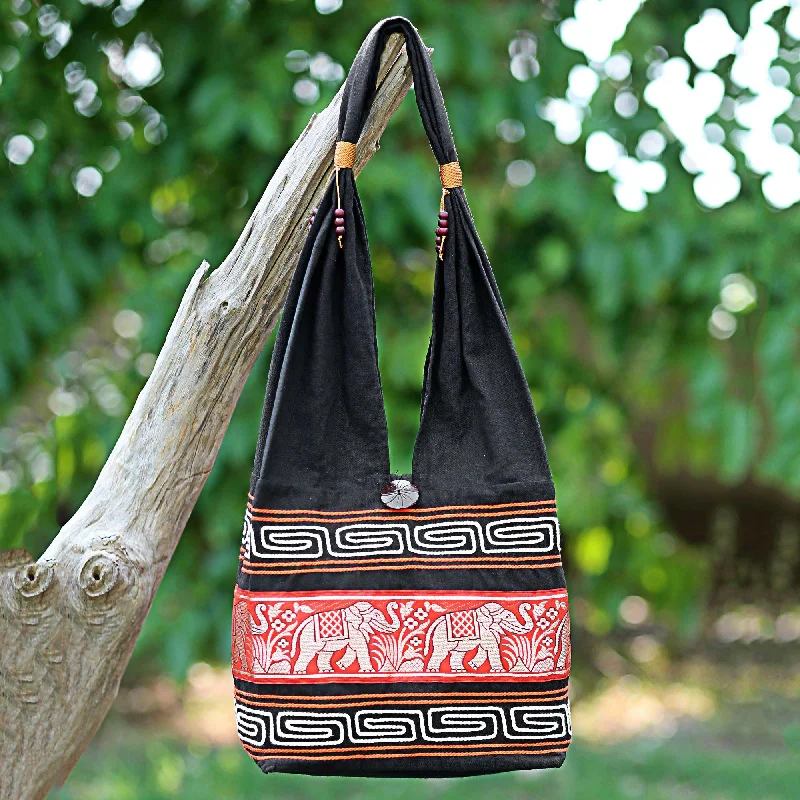 Thai Elephants in Vermilion Cotton Blend Shoulder Bag