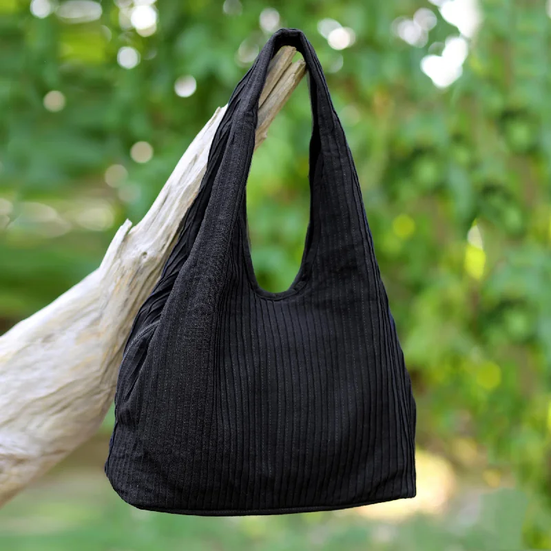 Thai Texture in Black 100% Cotton Textured Shoulder Bag in Black from Thailand