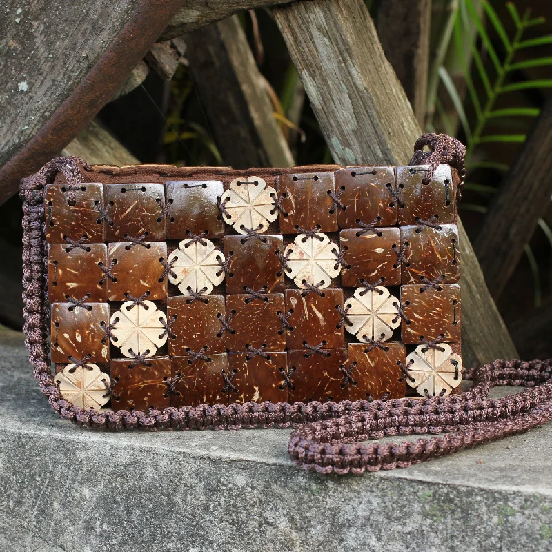 Tropical Tiles Handcrafted Thai Coconut Shell Macrame Shoulder Bag