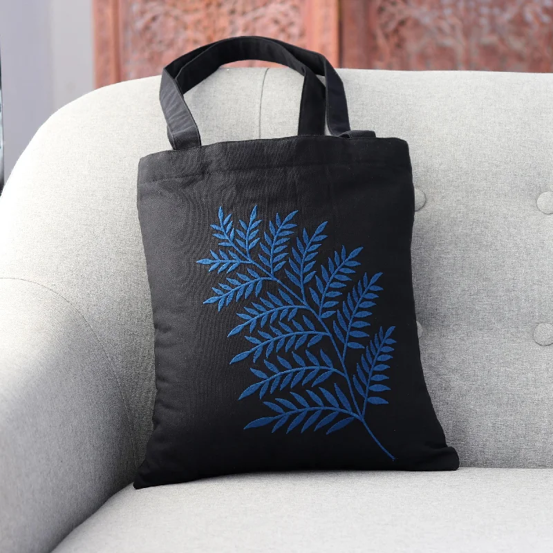 Beautiful Frond in Blue Frond Motif Cotton Shoulder Bag in Blue and Black from India