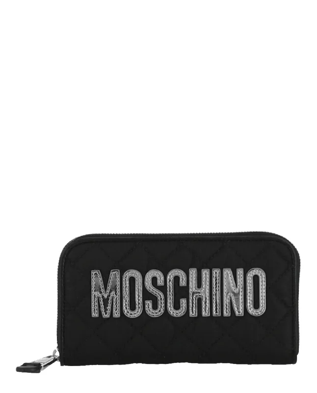 Moschino Logo Printed Leather Zip Around Wallet