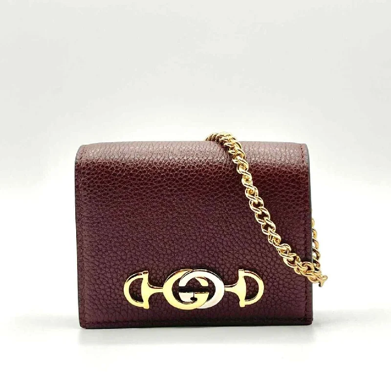 Gucci Women's Zumi Burgundy Leather Gold Chain Bi-Fold Mini Wallet w/box