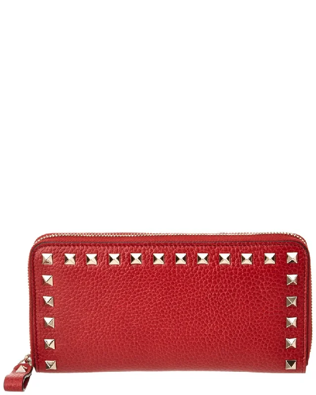 Valentino Rockstud Grainy Leather Zip Around Wallet