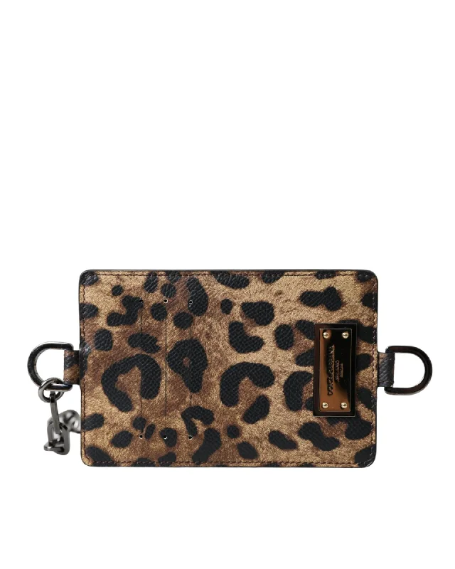 Dolce & Gabbana Leopard Print Logo Plaque Cardholder Wallet in Brown Leather