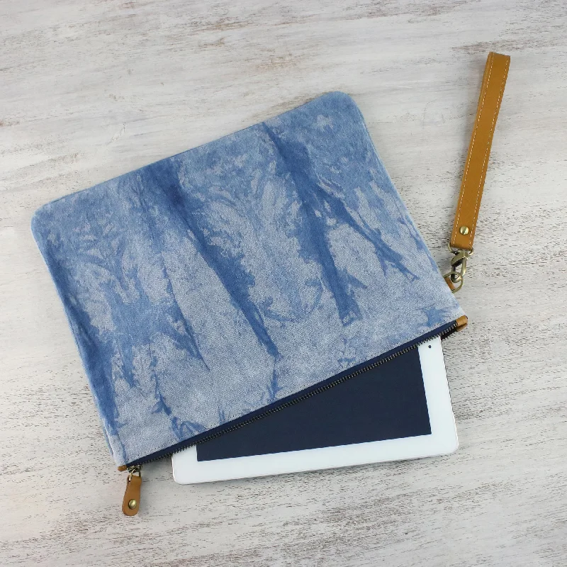 Blue Trees Tie-Dyed Leather Accent Cotton Clutch from Thailand