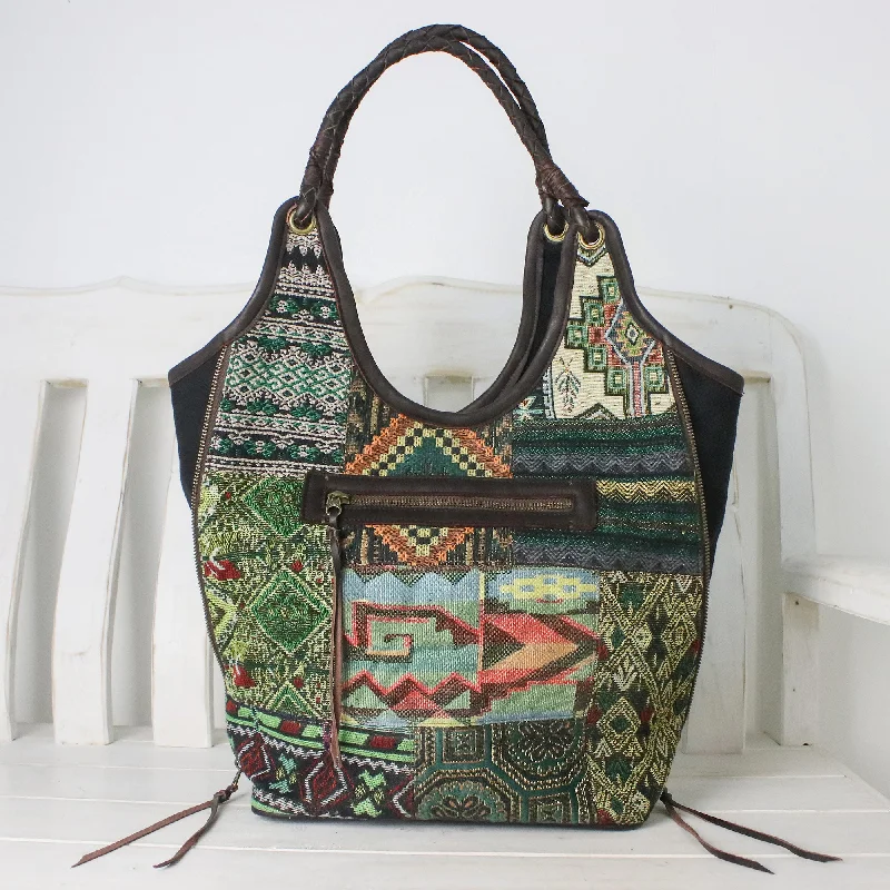 Gorgeous Geometry in Green Handmade Patchwork Geometric Cotton Blend Shoulder Bag