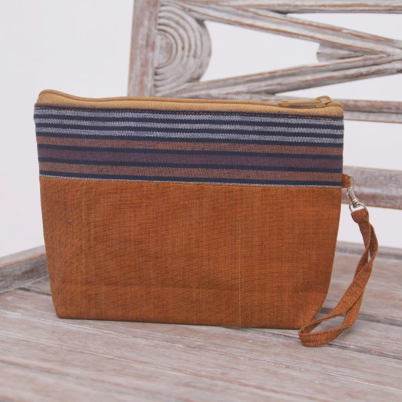 Lurik Parade Brown 100% Cotton Striped Brown Clutch Interior Pocket Wristlet