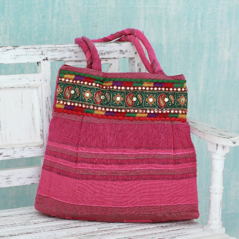 Majestic Pink Pink Cotton Shoulder Bag with Multicolor Embroidery