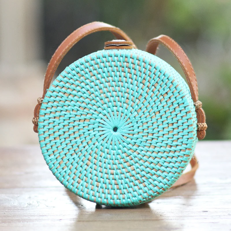 Mint Lombok Circle Handwoven Mint Bamboo Shoulder Bag with Faux Leather Strap