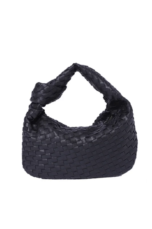 WOVEN FAUX LEATHER SHOULDER BAG | BLACK