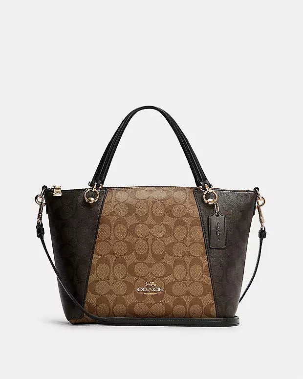 Coach Kacey Satchel in Blocked Signature Canvas in Khaki Brown Multi