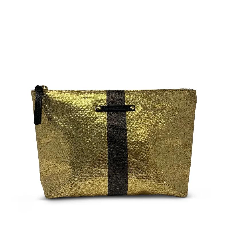 Metallic Canvas Black Striped Pouch-gold/black