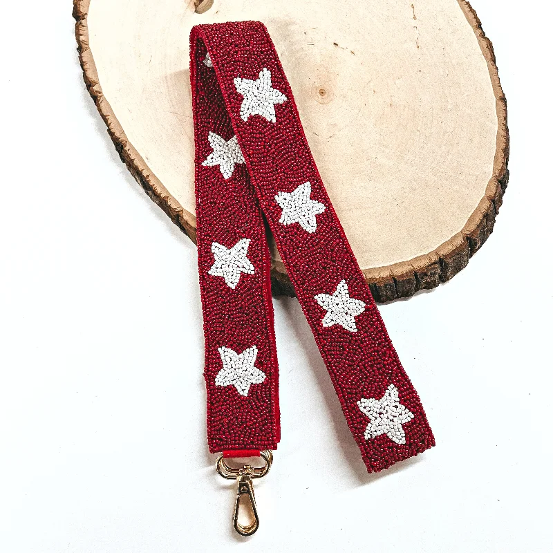 Beaded Purse Strap with Stars in Maroon and White