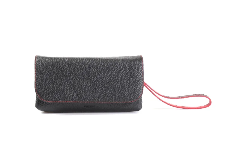 Handmade Italian Leather Clutch - Roma - Onyx Black - Lava Red Trim